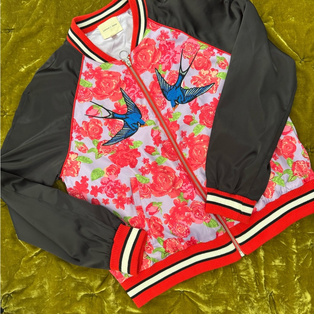 Silence + Noise Black and Red Floral Bomber Jacket